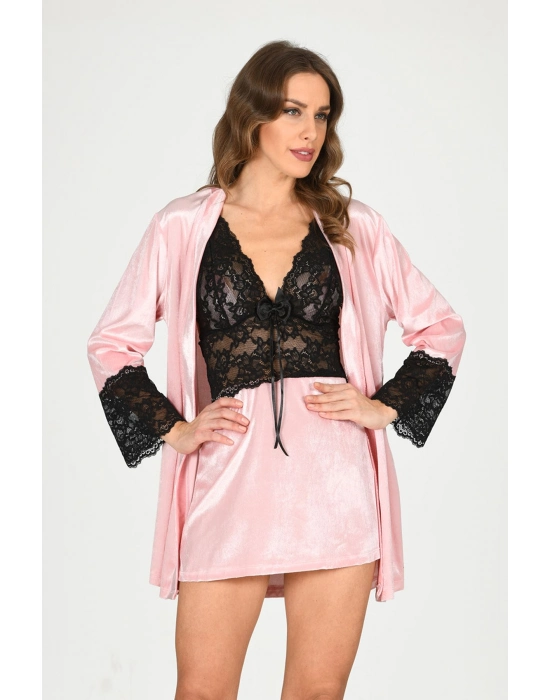 Pudra Kadife Sabahlık & Gecelik Takım 2 Li - 1446