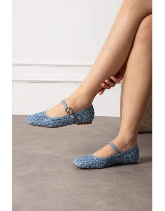 Rives Mavi Cilt Hasır Dokumalı Babet Ayakkabı - Bamido