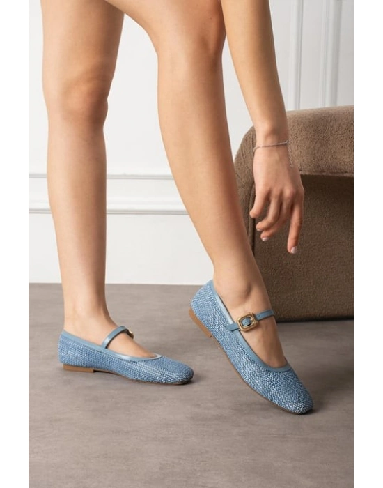 Rives Mavi Cilt Hasır Dokumalı Babet Ayakkabı - Bamido