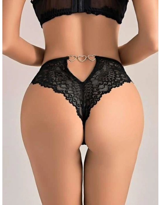 Siyah Dantel İşlemeli Arkası Kalp Detaylı Fantezi String Tanga