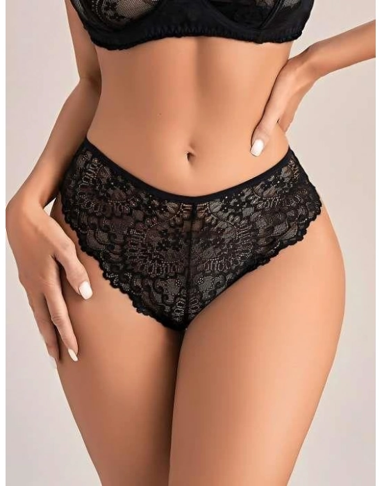 Siyah Dantel İşlemeli Arkası Kalp Detaylı Fantezi String Tanga