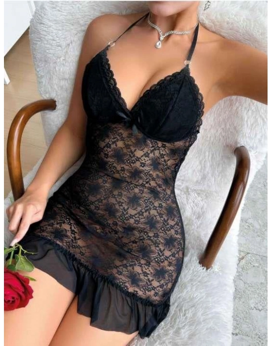 Siyah Dantel İşlemeli Boyundan Bağlamalı Likralı Fantezi Tül Gecelik