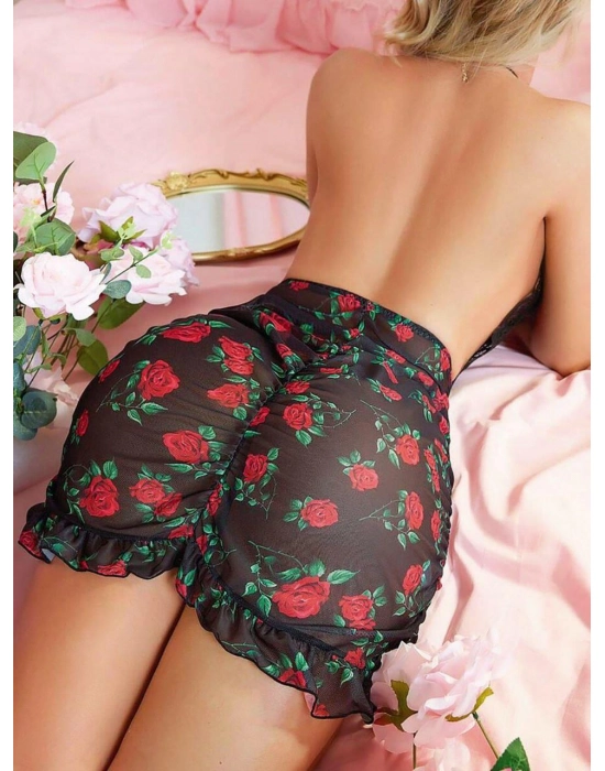 Siyah Dantel İşlemeli Gül Desenli Mini Fantezi Gecelik