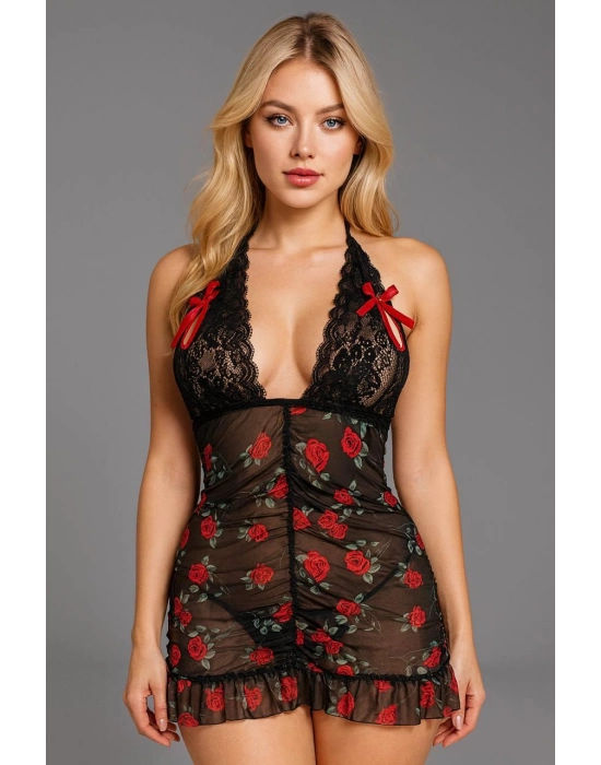 Siyah Dantel İşlemeli Gül Desenli Mini Fantezi Gecelik