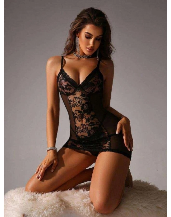 Siyah Dantel İşlemeli İnce Askılı Likralı Fantezi Tül Gecelik