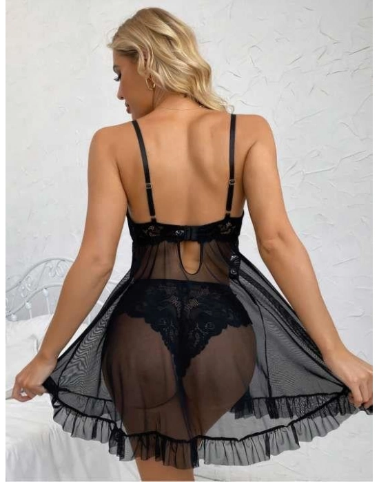 Siyah Dantel İşlemeli İnce Askılı Yırtmaçlı Fantezi Tül Gecelik