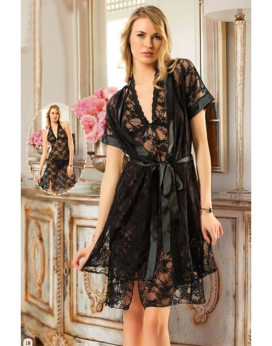 Siyah Dantelli Sabahlık & Gecelik Takım 2 Li - 1455