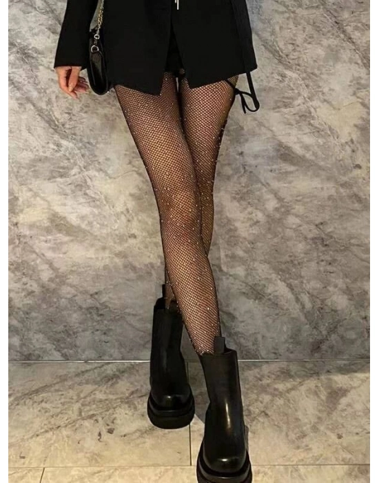 Siyah File Taşlı Çorap