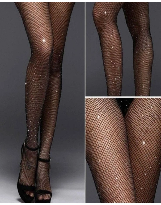 Siyah File Taşlı Çorap