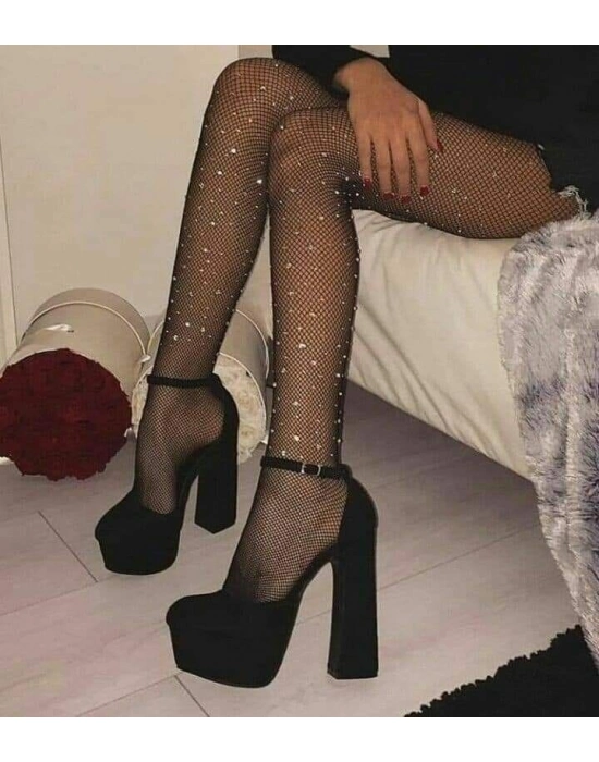 Siyah File Taşlı Çorap