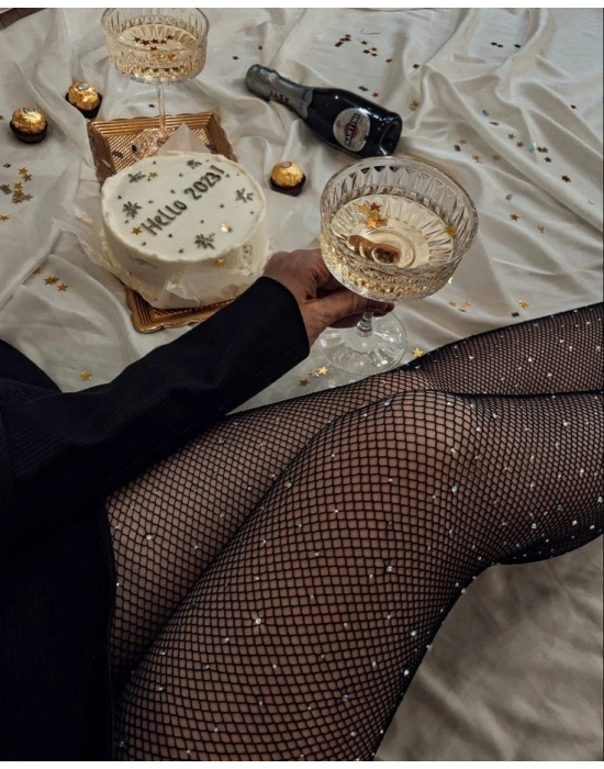 Siyah File Taşlı Çorap