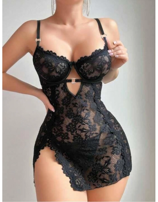 Siyah Full Dantel İşlemeli İnce Askılı Yırtmaçlı Likralı Fantezi Gecelik