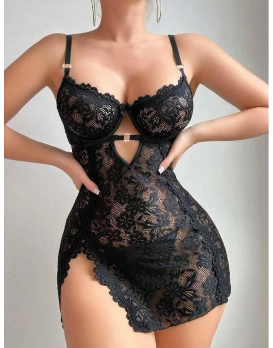 Siyah Full Dantel İşlemeli İnce Askılı Yırtmaçlı Likralı Fantezi Gecelik