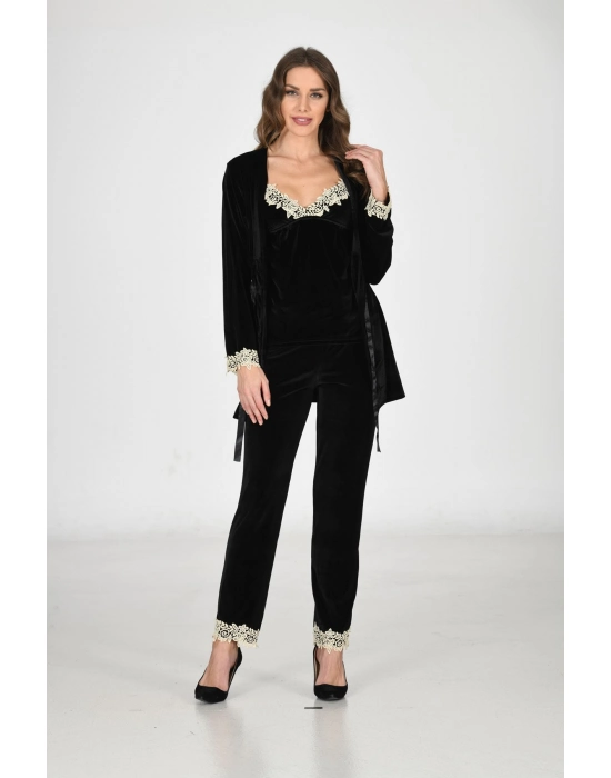 Siyah Kadife Sabahlık & Gecelik Takım 3 Lü - 1441