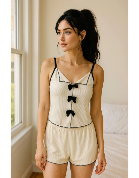 Siyah Kurdelalı Fitilli Askılı Şortlu Pijama Takımı