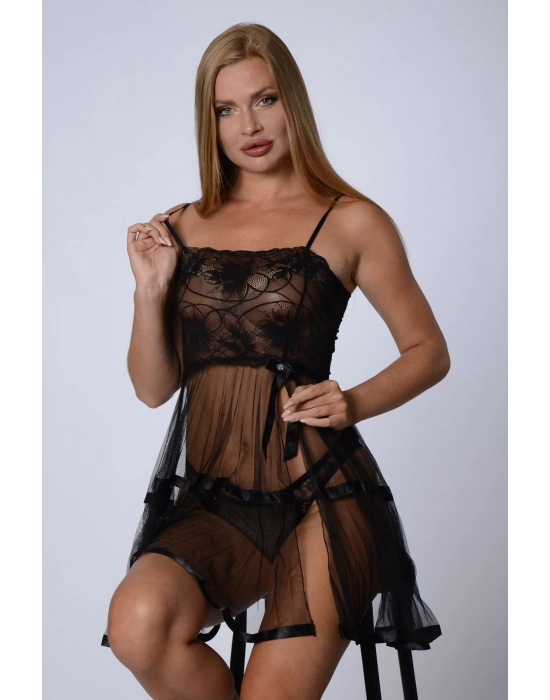 Siyah Şifon Pileli Gecelik-835