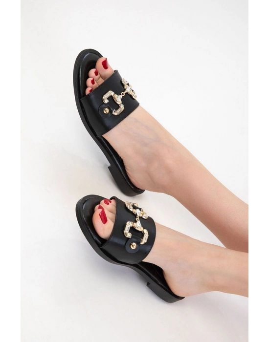 Toha Siyah Cilt Tokalı Terlik - Bamido