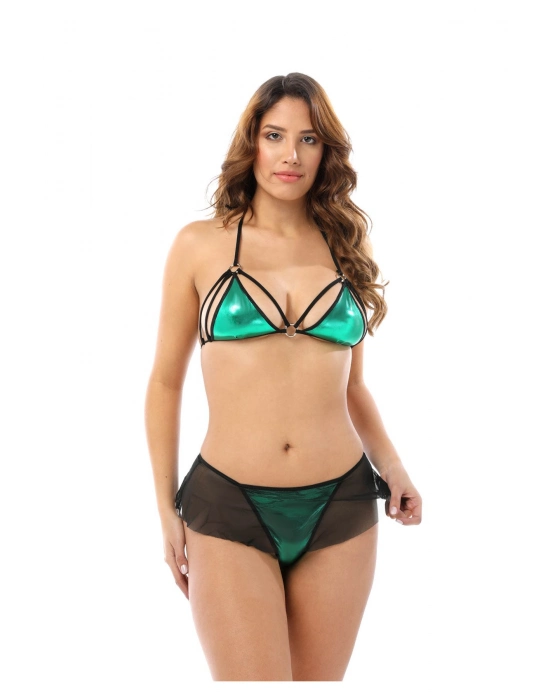 Yeşil  Deri ( Lame ) İkili Takım Gecelik - 419