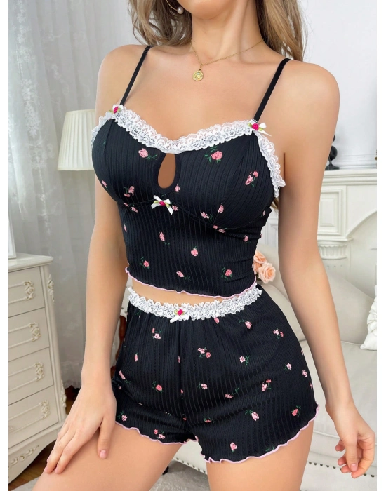 Yumuşak Kumaşlı Çiçekli Şortlu Dantelli Gecelik Takımı, Rahat Ve Şık Ev Giyim,kadın Pijama