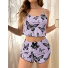 Mor Renk Kelebek Desenli Şortlu Ev Giyim Takımı,kadın Yazlık Askılı Pijama, Rahat Ve Şık Ev Giyim