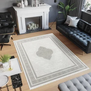 Çırağan Lüks Göbekli Klasik Desen Gri Oturma Odası Salon Mutfak Halısı