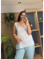 Askılı Arkadan Bağlamalı Keten Bluz Bebe Mavi