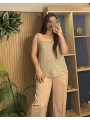 Askılı Arkadan Bağlamalı Keten Bluz Vizon