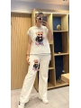Beyaz File Detaylı Ayıcık Baskılı Eşofman Takımı