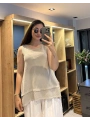 Eteği File Detaylı Kolsuz Keten Bluz Bej