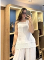 Eteği File Detaylı Kolsuz Keten Bluz Beyaz