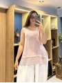 Eteği File Detaylı Kolsuz Keten Bluz Lila