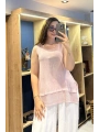 Eteği File Detaylı Kolsuz Keten Bluz Lila