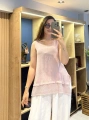 Eteği File Detaylı Kolsuz Keten Bluz Lila