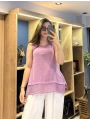 Eteği File Detaylı Kolsuz Keten Bluz Mor