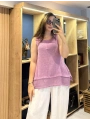 Eteği File Detaylı Kolsuz Keten Bluz Mor