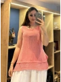 Eteği File Detaylı Kolsuz Keten Bluz Nar Çiçeği