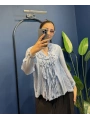 İpek Yakası Fırfır Detaylı Bluz Mavi