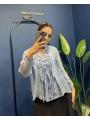 İpek Yakası Fırfır Detaylı Bluz Mavi