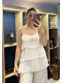 İtalyan Askılı Kat Kat İpek Bluz Bej