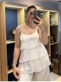 İtalyan Askılı Kat Kat İpek Bluz Bej