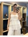 İtalyan Askılı Kat Kat İpek Bluz Bej