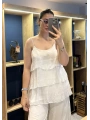 İtalyan Askılı Kat Kat İpek Bluz Bej
