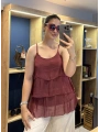 İtalyan Askılı Kat Kat İpek Bluz Bordo