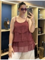 İtalyan Askılı Kat Kat İpek Bluz Bordo