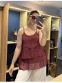 İtalyan Askılı Kat Kat İpek Bluz Bordo