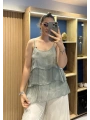 İtalyan Askılı Kat Kat İpek Bluz Haki