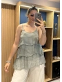İtalyan Askılı Kat Kat İpek Bluz Haki