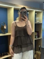 İtalyan Askılı Kat Kat İpek Bluz Kahverengi