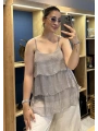 İtalyan Askılı Kat Kat İpek Bluz Vizon