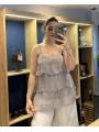 İtalyan Askılı Kat Kat İpek Bluz Vizon